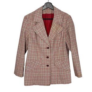 Vintage 60s Burgundy Plaid Triple Button Blazer Large